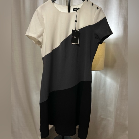 DKNY Tri-Tone Midi‎ Dress in Black, Gray, and Cream - Picture 8 of 9